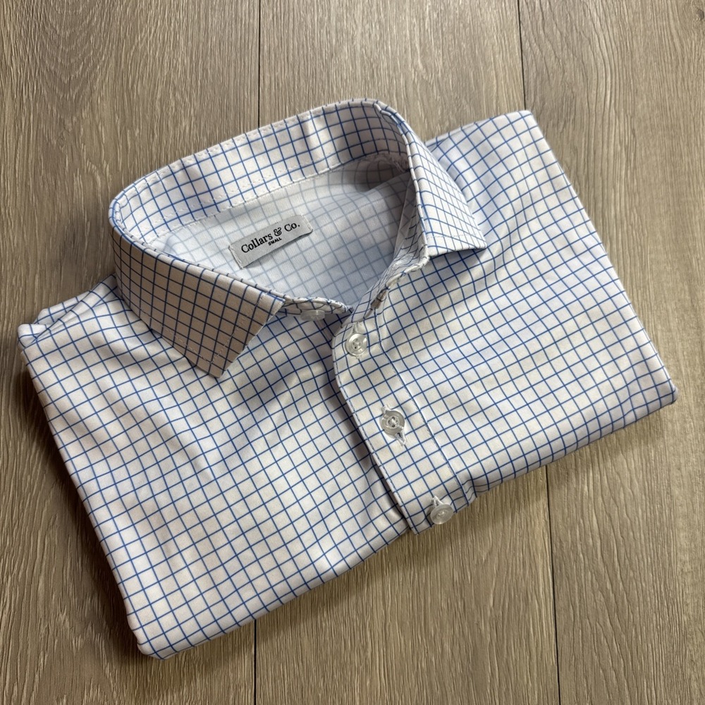 Collars And Co Shirt Men Small Firm‎ Dress Collar Polo Blue White Window Check